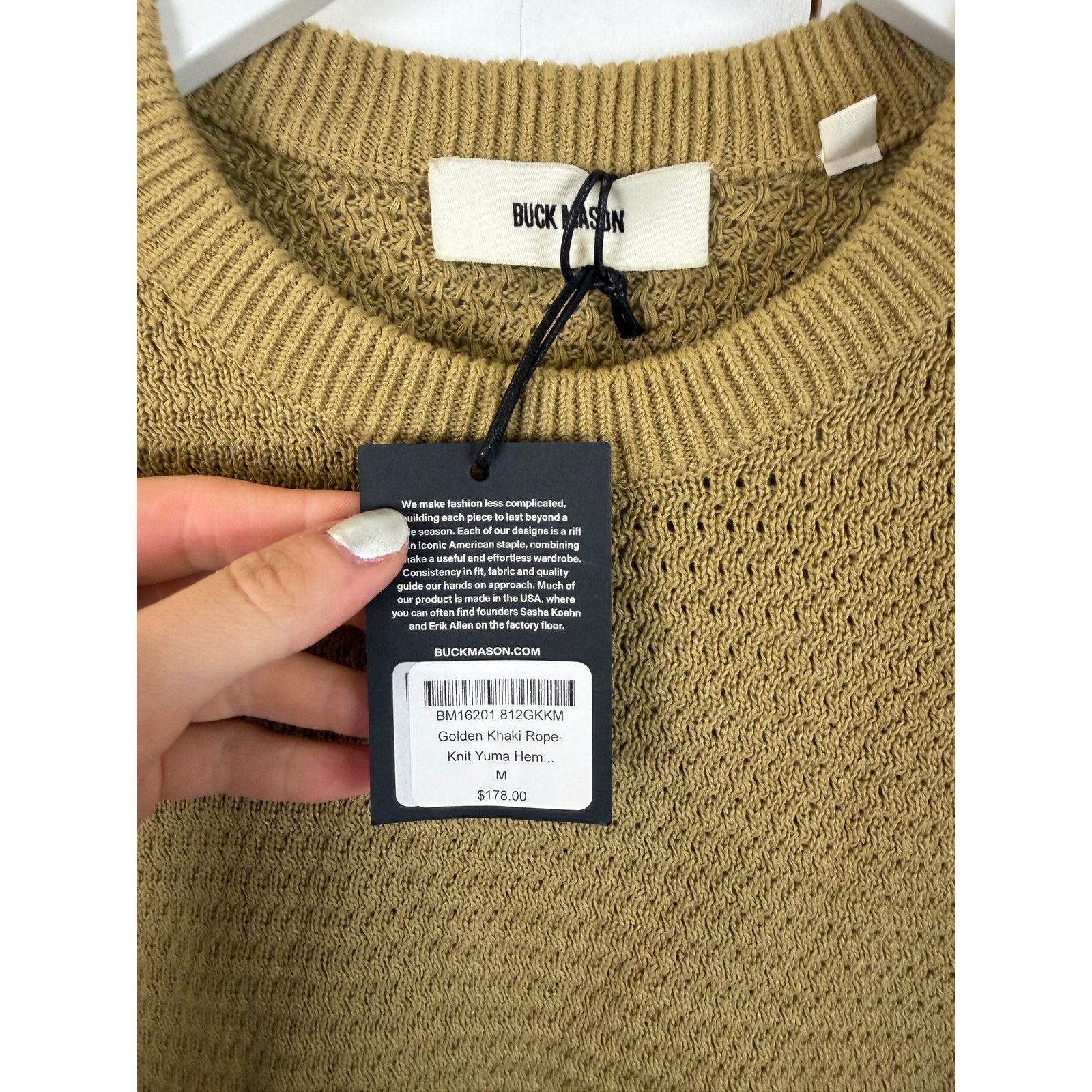 Buck Mason Green Tan Cotton Pullover Sweater Women’s M — image 2 of 3